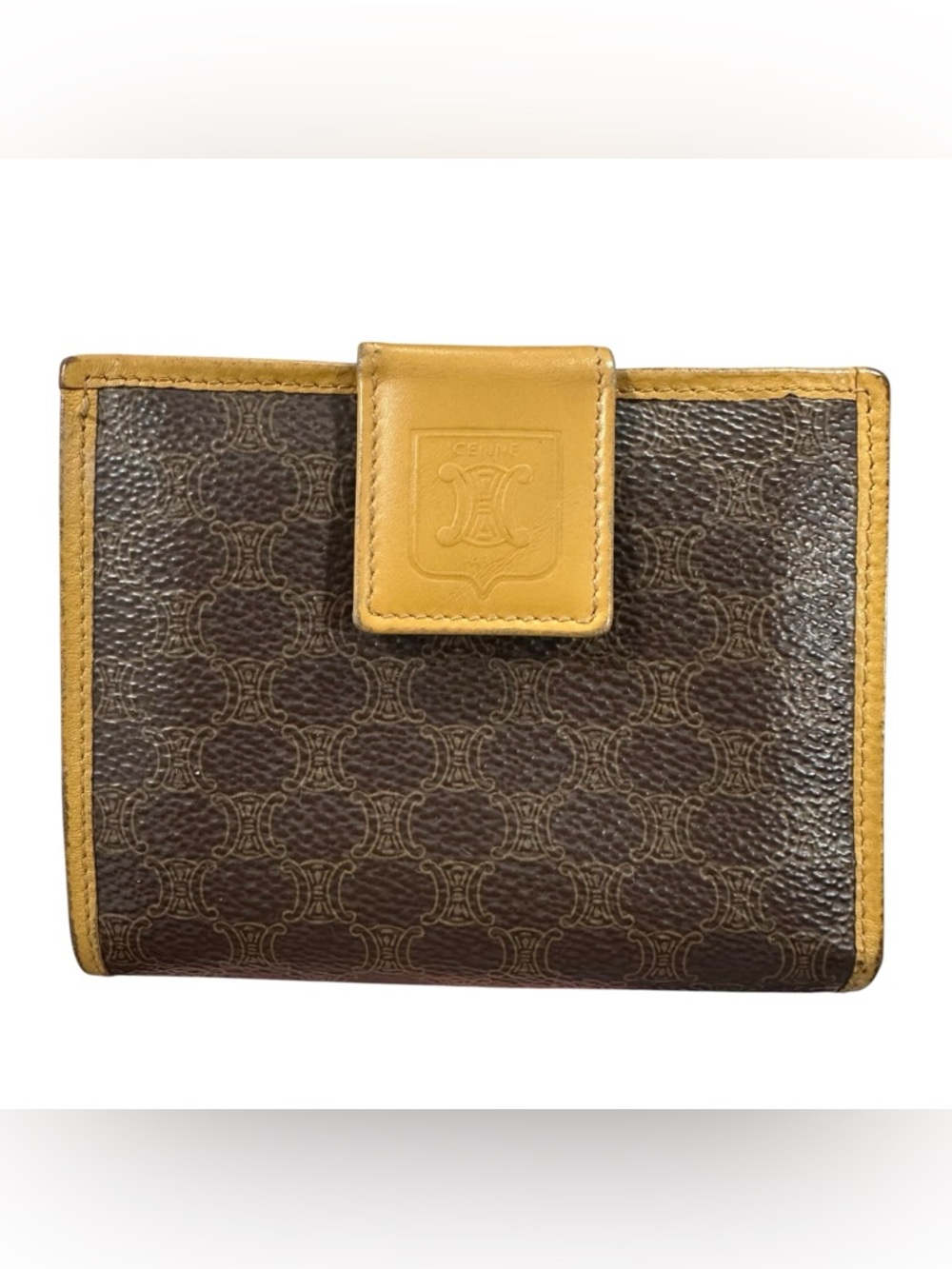 Celine Brown Macadam & Mustard Yellow Leather Compact Kisslock Bifold Wallet - Picture 4 of 14
